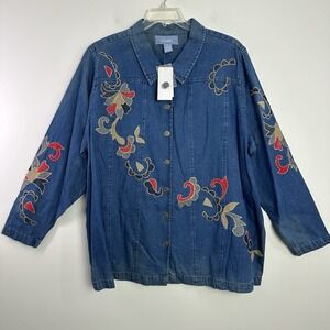 Liz & Me Womens Petite 2X Denim Heavy Embroidered Floral Tunic Southwestern‎ NWT